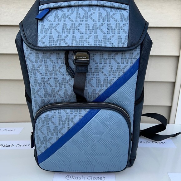 Michael Kors Mens Backpack Cooper Embossed Leather Logo Stripe Backpack Chambray - Picture 1 of 10